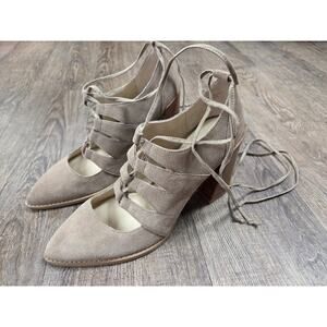 Anthropologie Seychelles Lace-Up Gladiator Heels Shoes Size 8.5 Beige Tan Suede